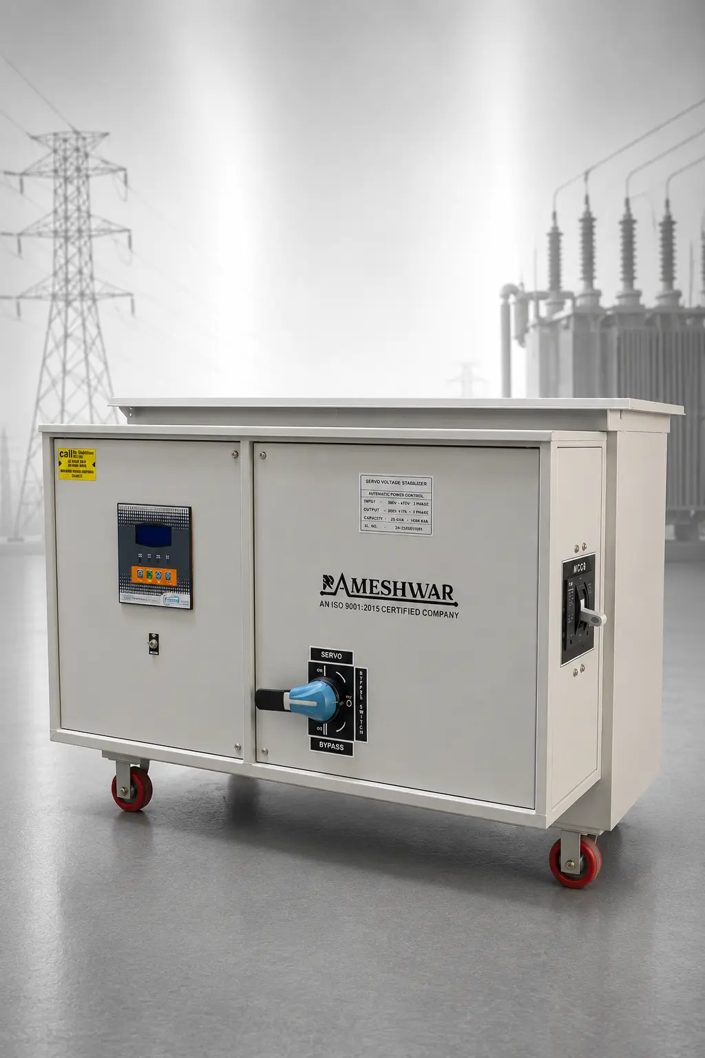 3 Phase Oil Cooled Servo Stabilizer for heavy-duty industrial voltage stabilization applications.