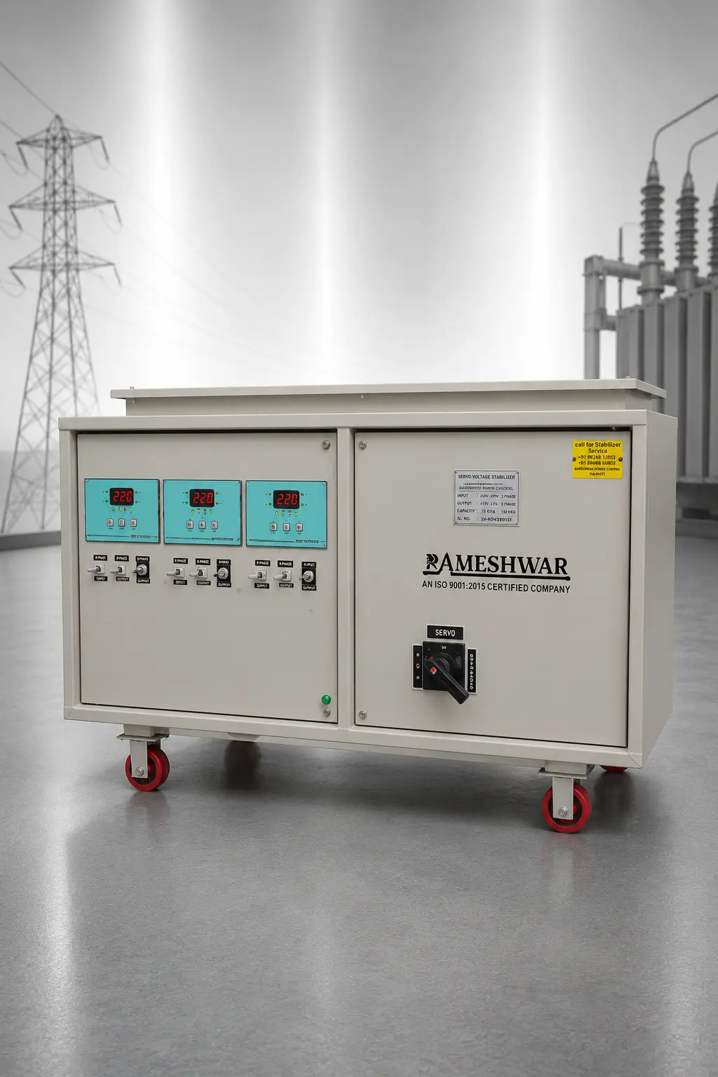 Industrial Oil Cooled Voltage Stabilizer providing stable power supply for large electrical loads.