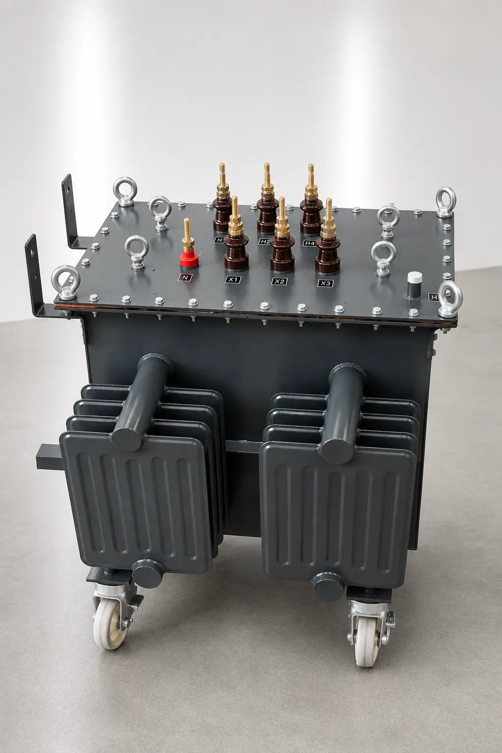 Three phase transformer with high noise attenuation and enhanced electrical safety.