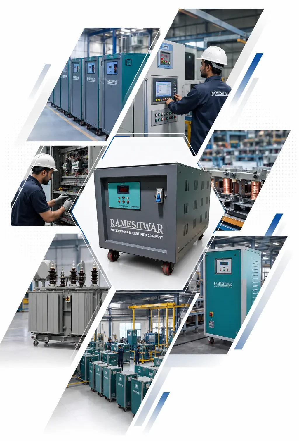 Premium industrial voltage stabilizer showcased in a modern factory-inspired design with manufacturing visuals, workers, transformer equipment, and clean geometric industrial composition on a white background.